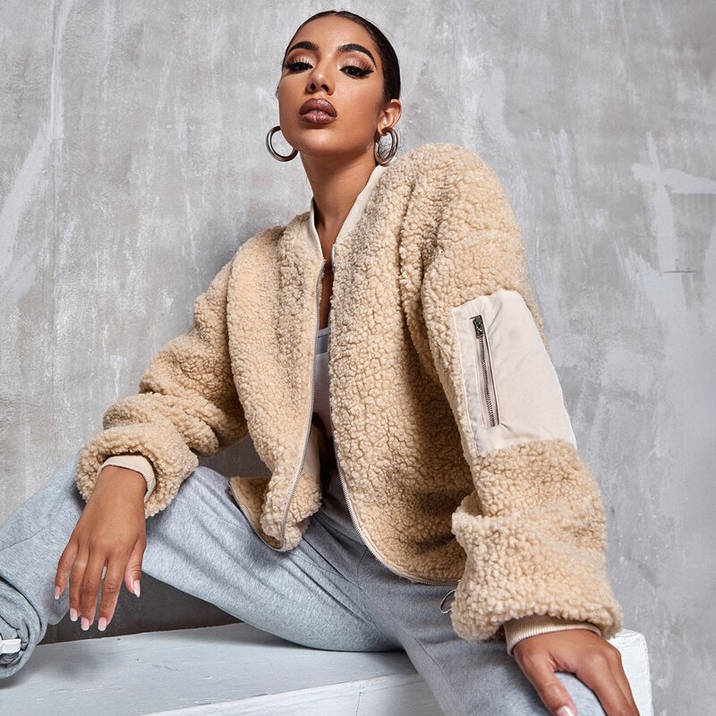 

O-ring Zipper Up Teddy Jacket, Apricot