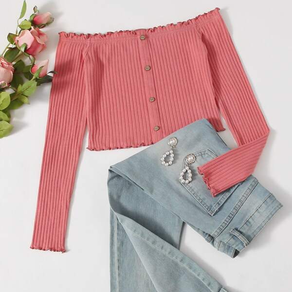 

Off Shoulder Lettuce Trim Button Front Top, Coral pink