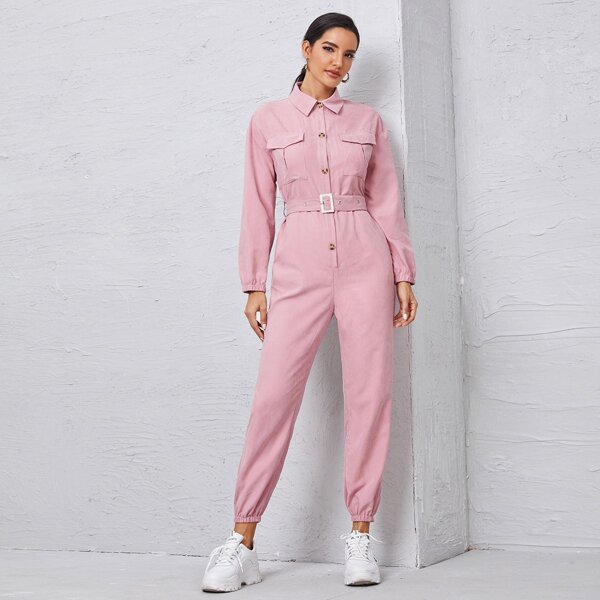 

Button Front Belted Shirt Jumpsuit, Baby pink