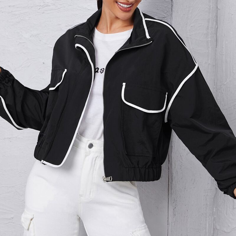 

Contrast Trim Zip Up Windbreaker Jacket, Black
