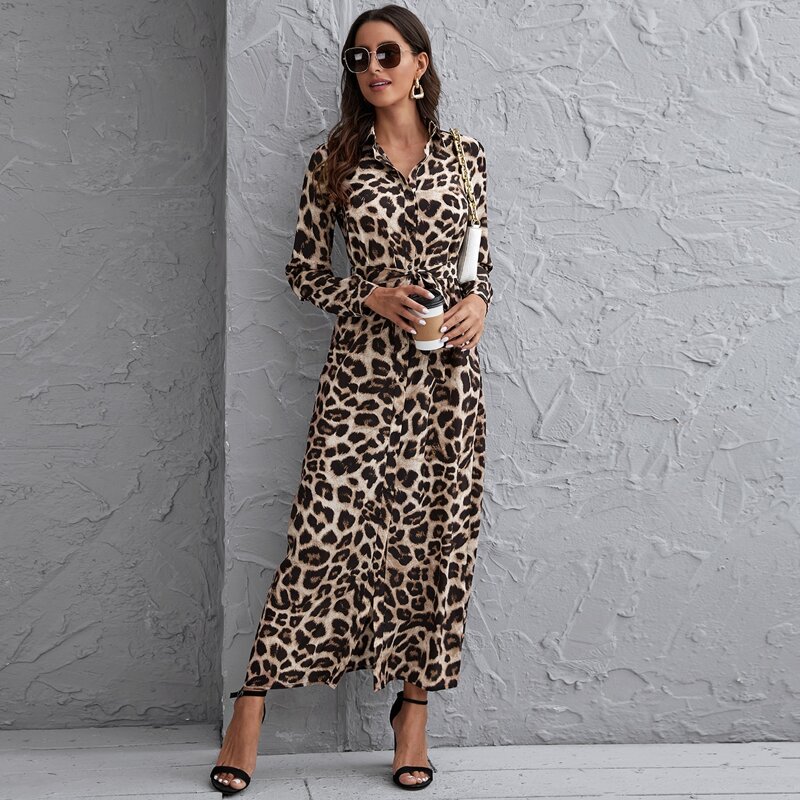 

Button Front Self Belted Leopard Shirt Dress, Multicolor