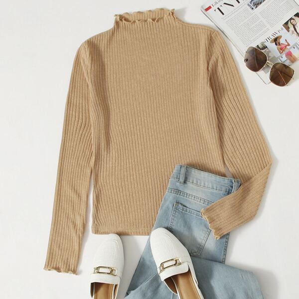 

Mock Neck Lettuce Edge Rib-knit Tee, Khaki