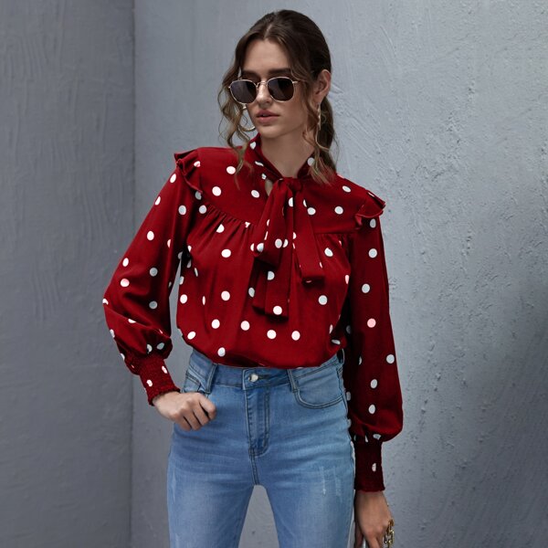 

Polka Dot Tie Neck Ruffle Trim Top, Burgundy
