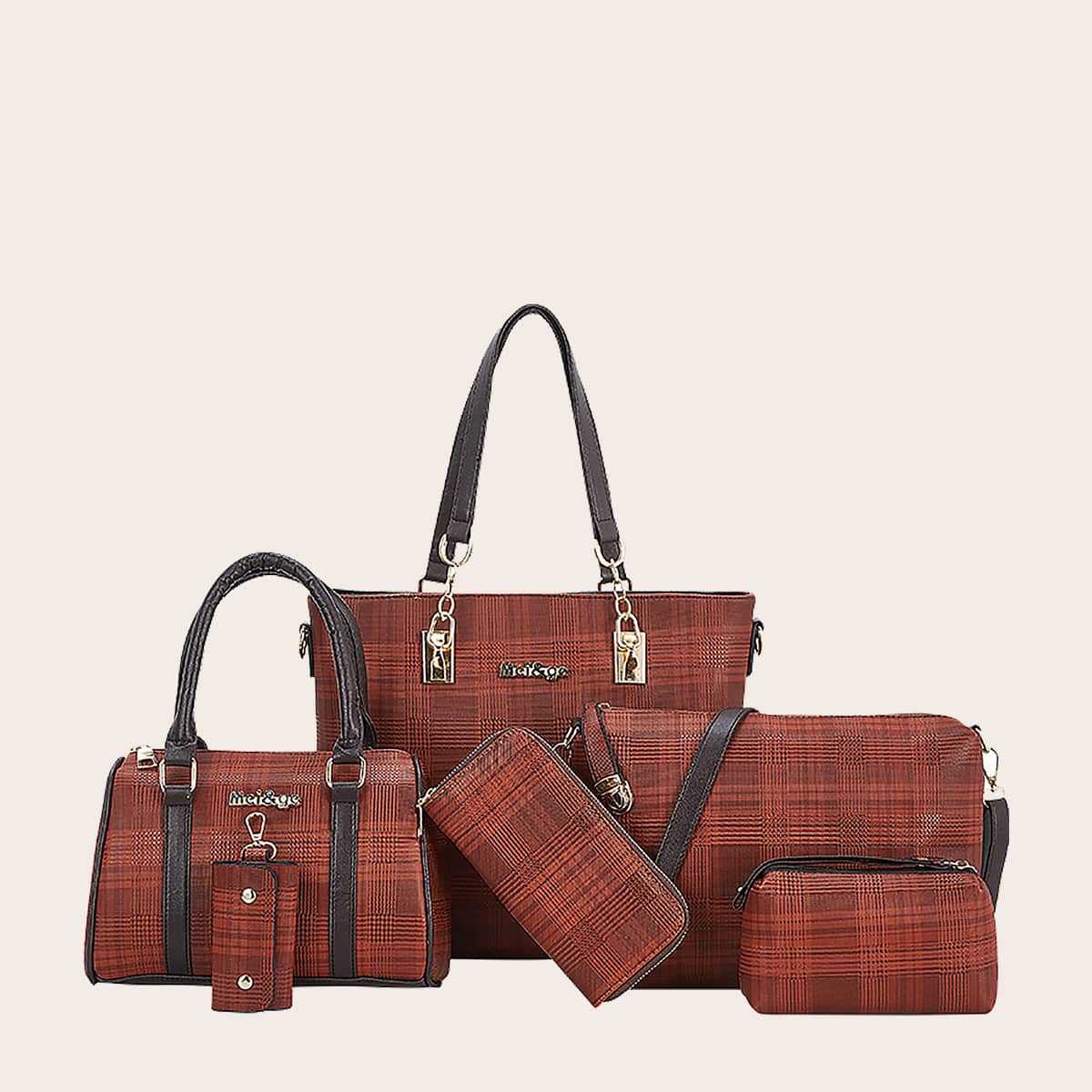 

6pcs Striped Tote Bag Set, Coffee brown