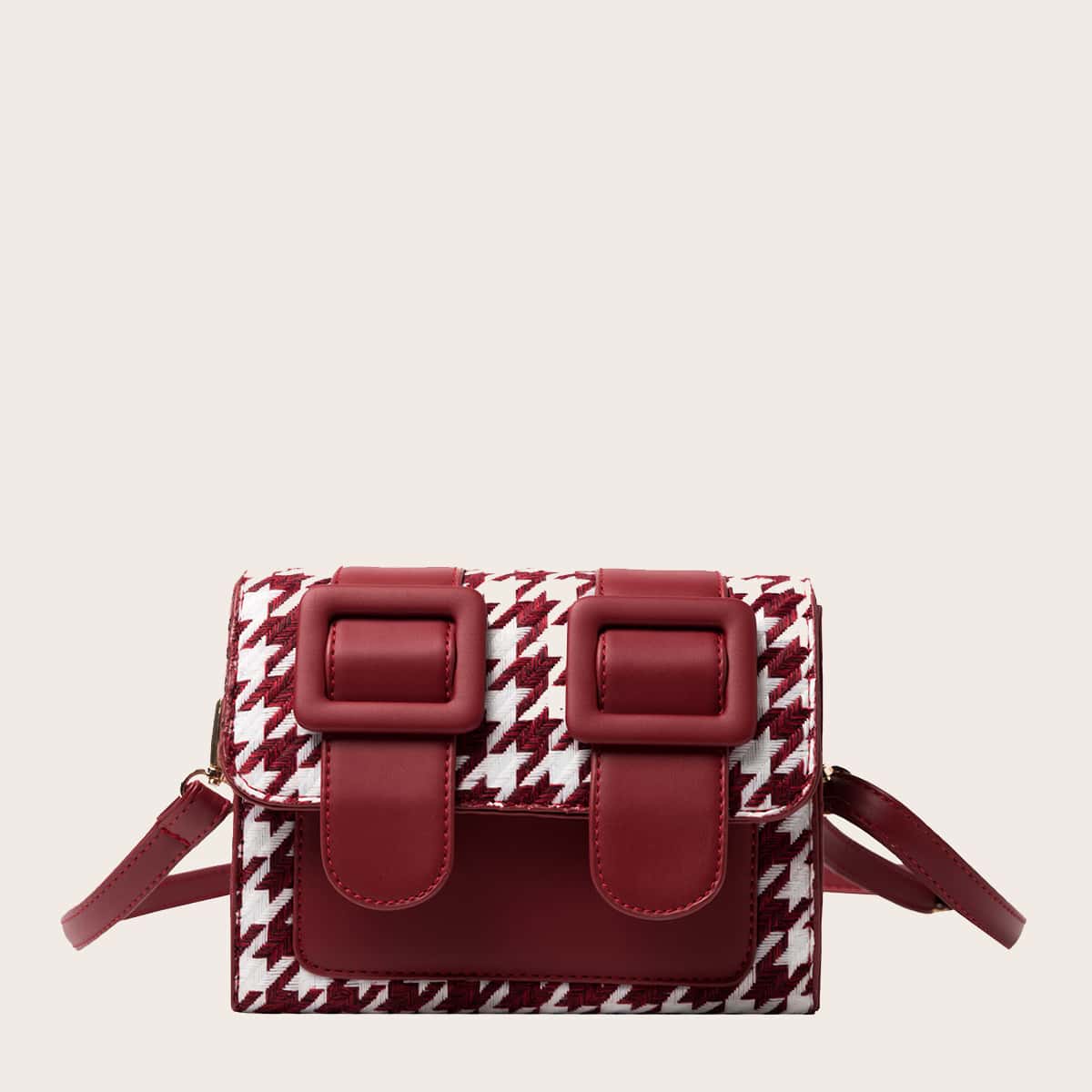 

Buckle Decor Houndstooth Crossbody Bag, Red