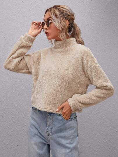 Mock-neck Drop Shoulder Teddy Pullover