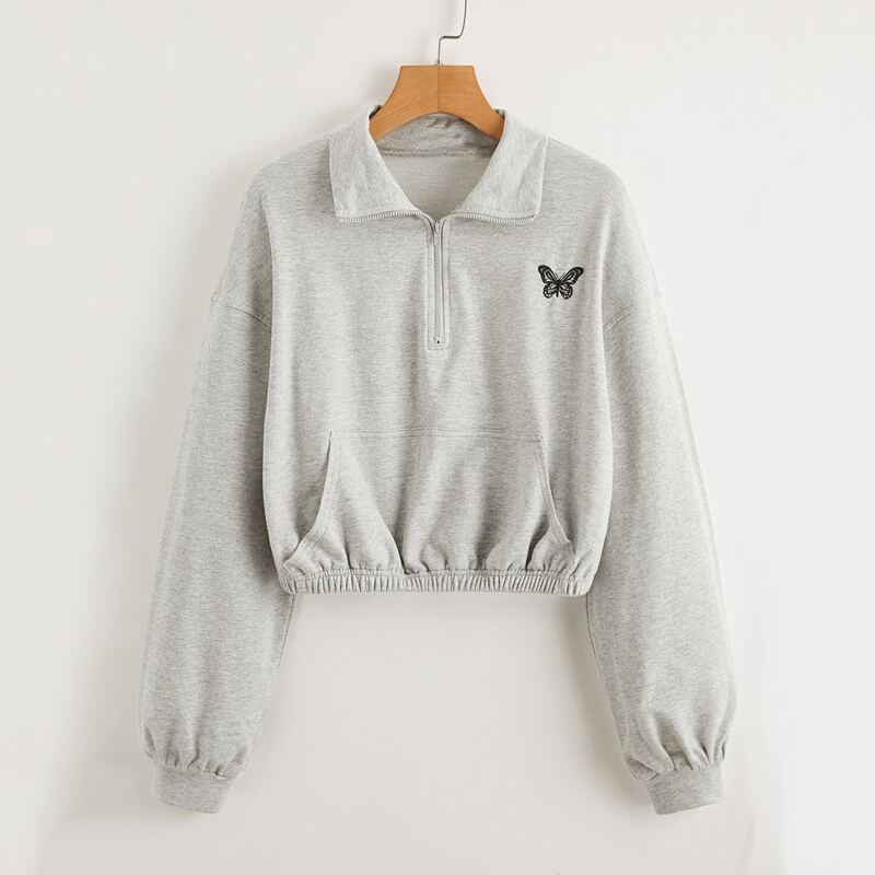 

Zipper Half Placket Butterfly Embroidered Sweatshirt, Light grey