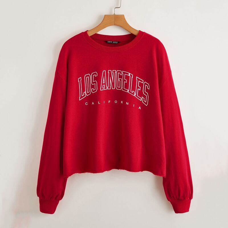

Letter Graphic Raw Hem Pullover, Red