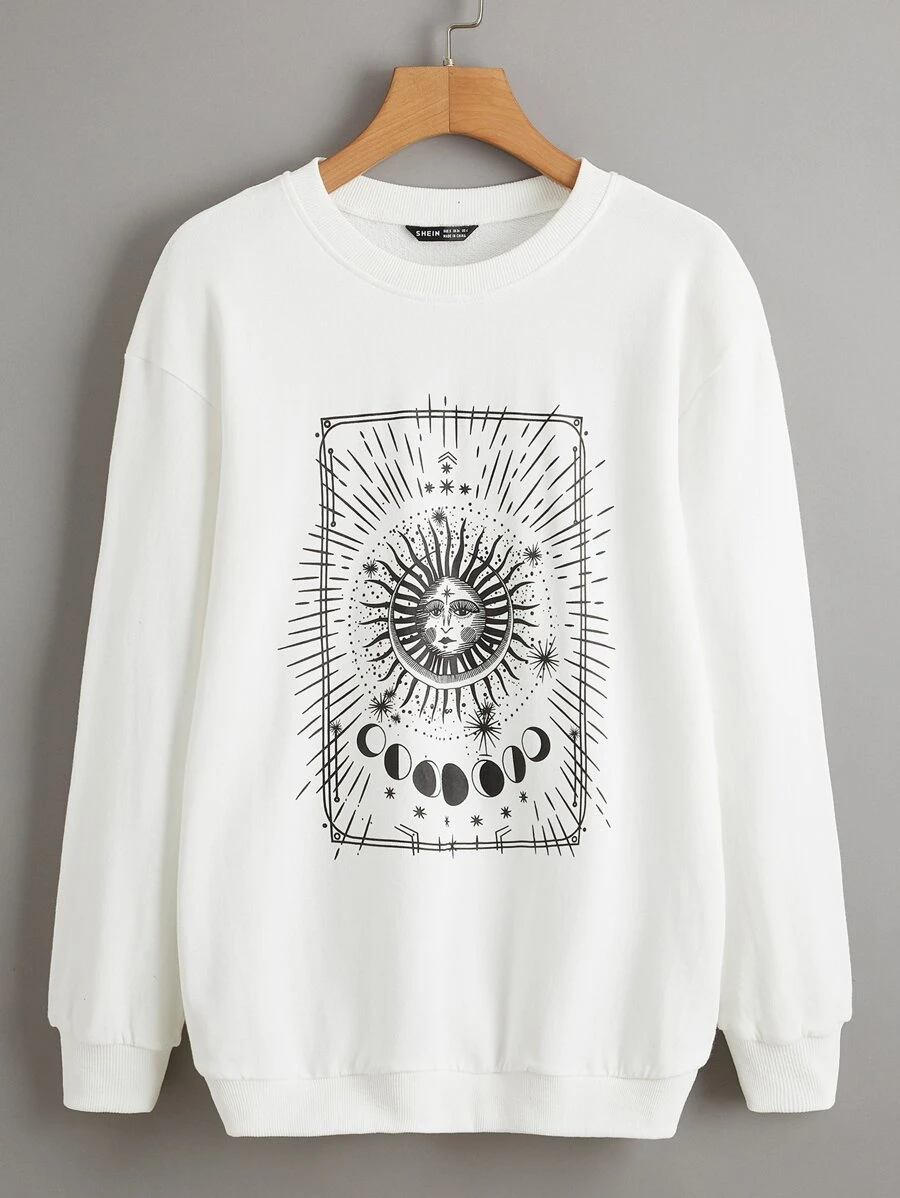 SHEIN Drop Shoulder Graphic Print Pullover - White - View 1
