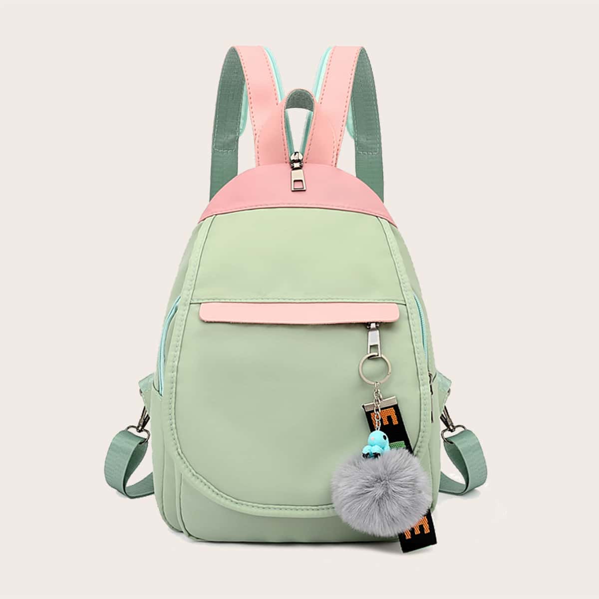 

Zip Front Backpack With Pom Pom, Green