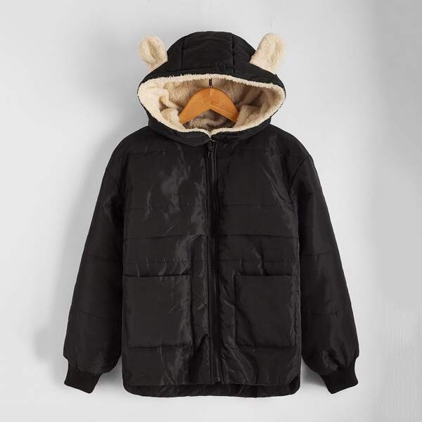 

Boys Pocket Patched Contrast Faux Shearling Ears Hooded Puffer Coat, Black