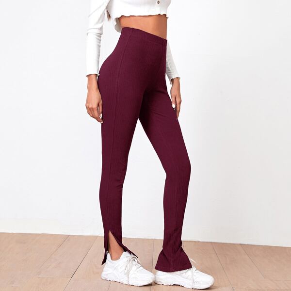 

Split Hem Rib-knit Pants, Maroon