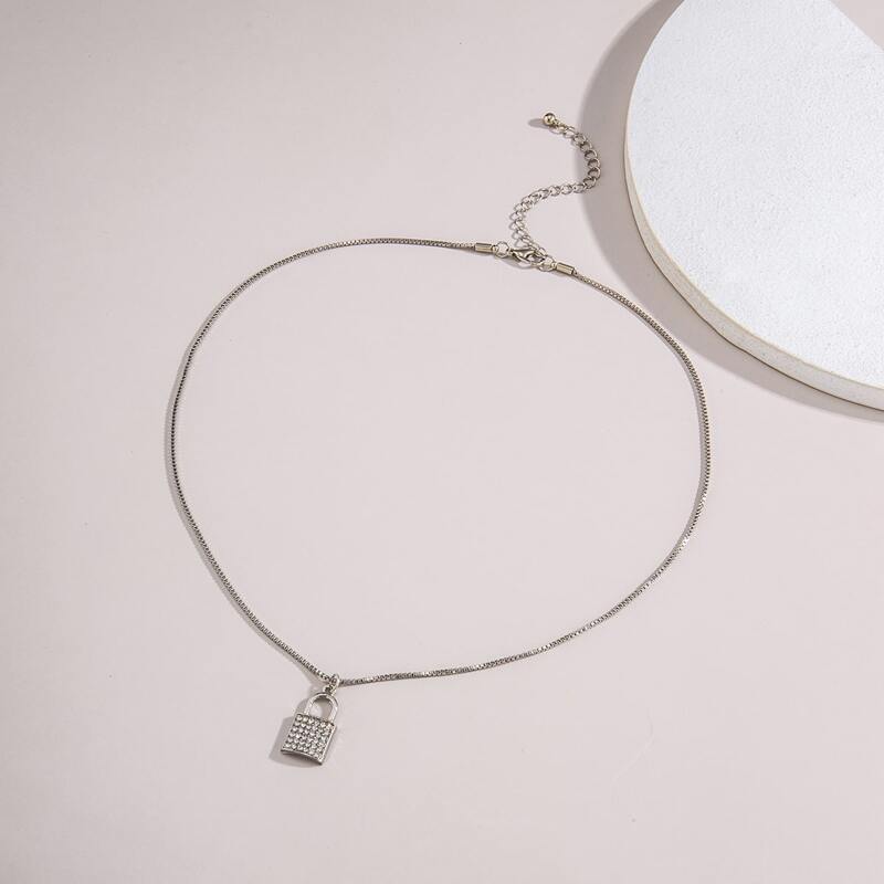 

Rhinestone Decor Lock Charm Necklace, Silver