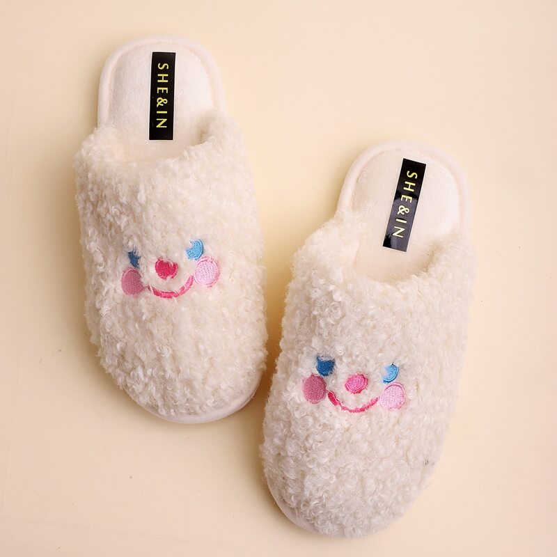 

Round Toe Embroidered Fluffy Slippers, Beige