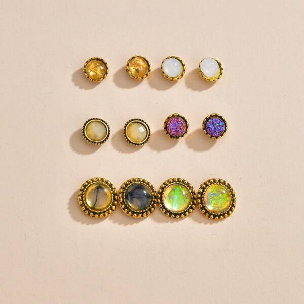 

6pairs Round Stud Earrings, Multicolor