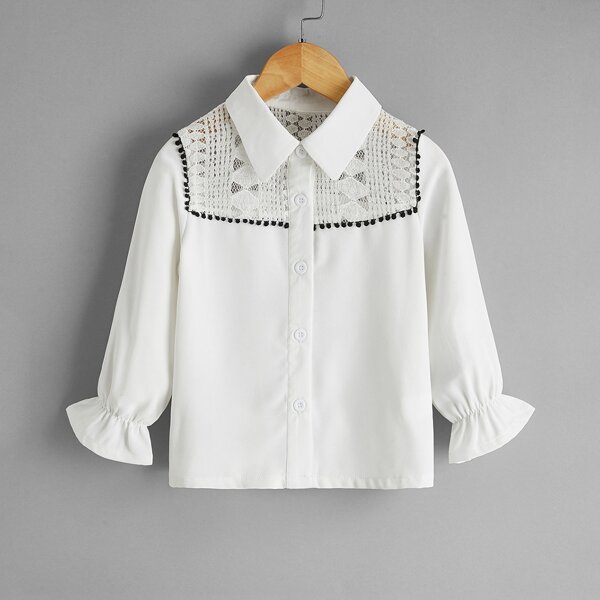 

Toddler Girls Lace Yoke Pom Pom Trim Blouse, White