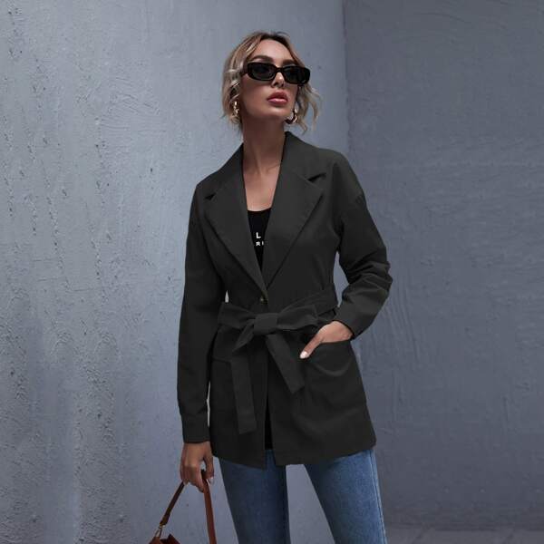 

Flap Pocket Single Button Belted Coat, Black