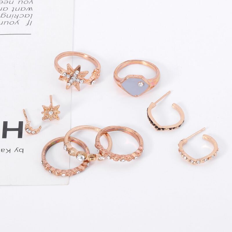 

9pcs Rhinestone Ring & Earrings, Gold