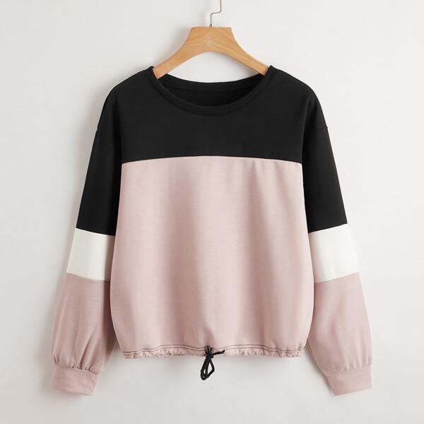 

Drop Shoulder Colorblock Drawstring Hem Pullover, Multicolor