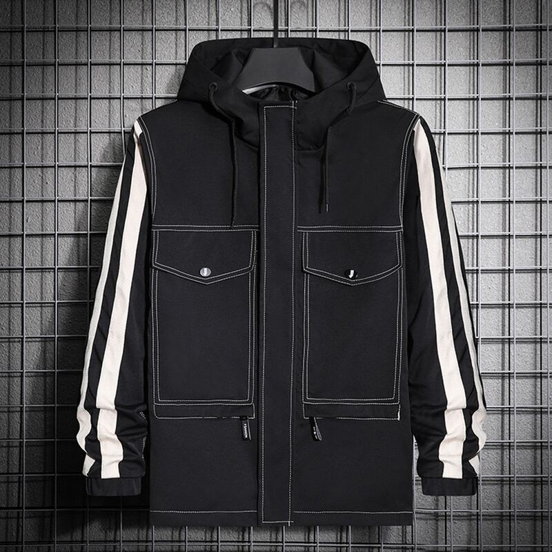 

Guys Contrast Top-stitching Striped Sleeve Hooded Jacket, Black