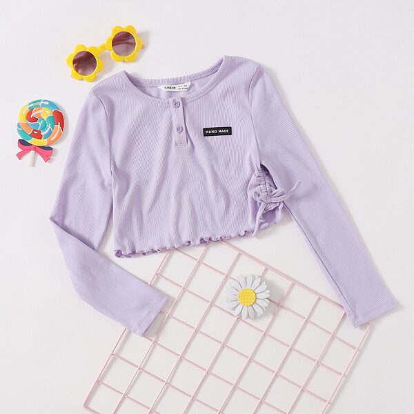 

Girls Button Half Placket Lettuce Trim Patched Detail Crop Top, Lilac purple