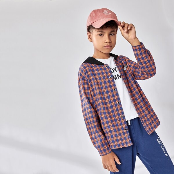 

Boys Checked Patched Drop Shoulder Tartan Overshirt, Multicolor