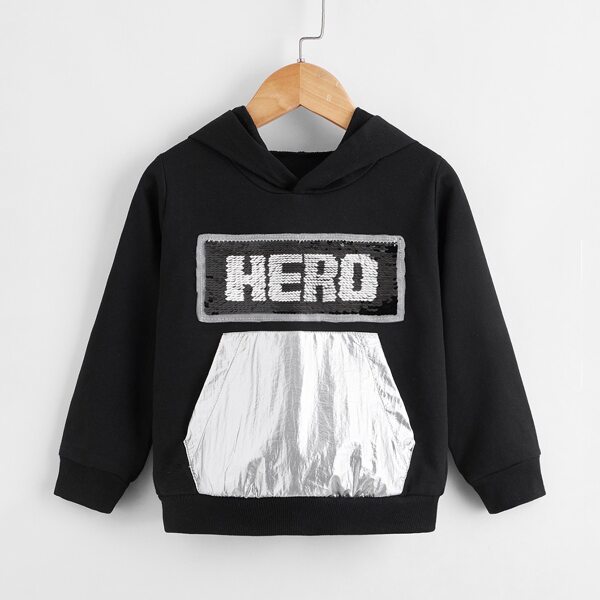 

Toddler Boys Contrast Sequin Kangaroo Pocket Hoodie, Black