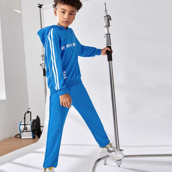 

Boys Slogan Graphic Side Striped Hoodie & Sweatpants Set, Blue