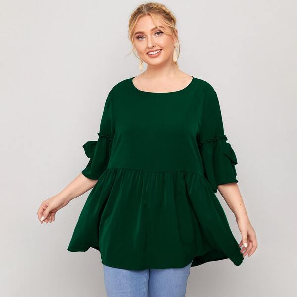 

Plus Bow Detail Flounce Sleeve Babydoll Blouse, Dark green
