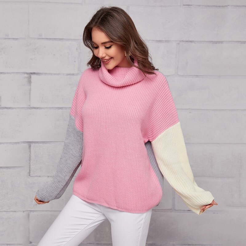 

Rolled Neck Drop Shoulder Colorblock Sweater, Multicolor