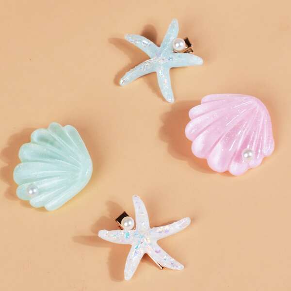 

4pcs Toddler Girls Shell Decor Hair Clip, Multicolor