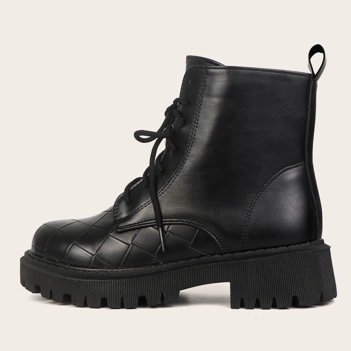 

Braided Embossed Lace-up Front Combat Boots, Black