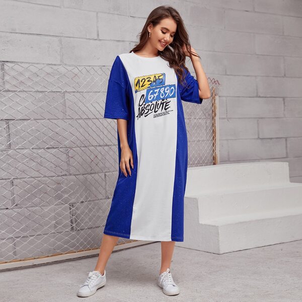 

Slogan Graphic Colorblock Tee Dress, Blue and white