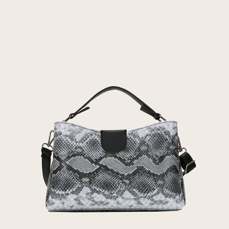 

Snakeskin Print Satchel Bag, Grey
