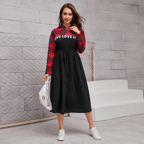 

Plaid Yoke Letter Graphic Drawstring Waist Hooded Dress, Black
