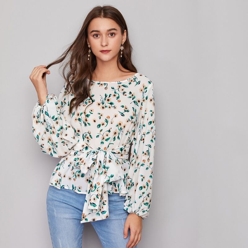 

Floral Print Belted Bishop Sleeve Blouse, Multicolor