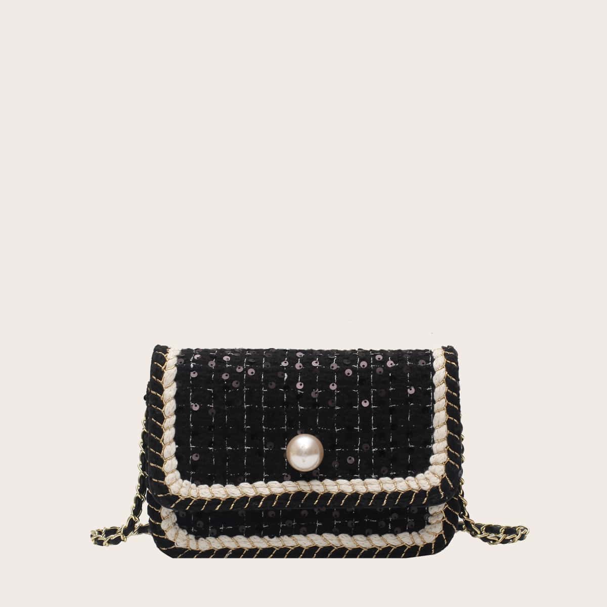 

Tweed Sequins Decor Crossbody Bag, Black