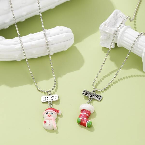 

2pcs Girls Christmas Snowman Charm Necklace, Multicolor