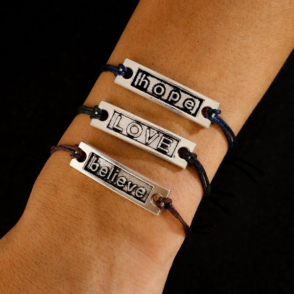 

3pcs Men Letter Engraved String Bracelet, Multicolor