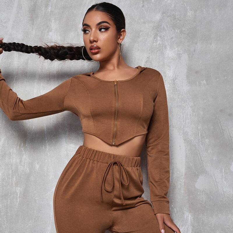 

Asymmetrical Hem Zip Up Hooded Sweatshirt, Brown