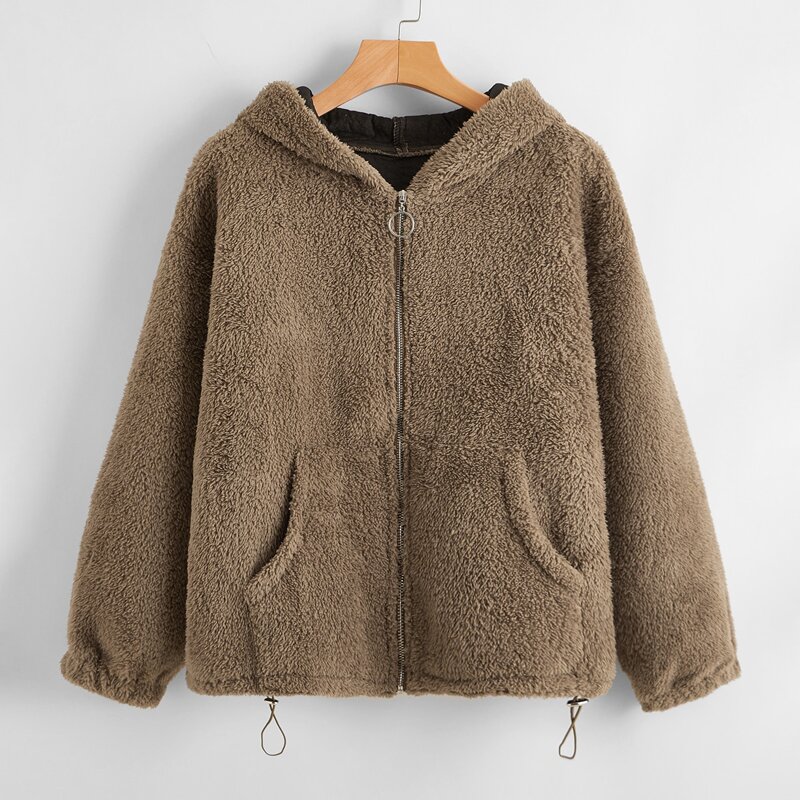 

Zip Teddy Hooded Jacket, Mocha brown
