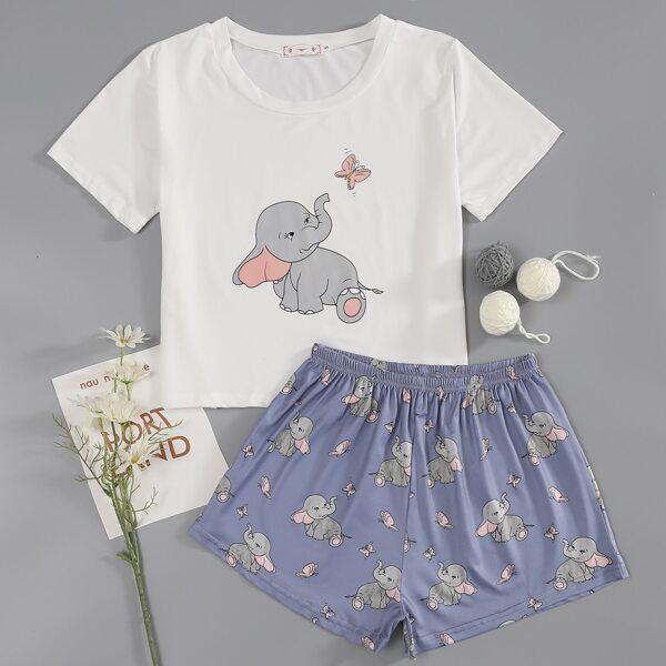 

Cartoon Elephant Print Pajama Set, Blue and white