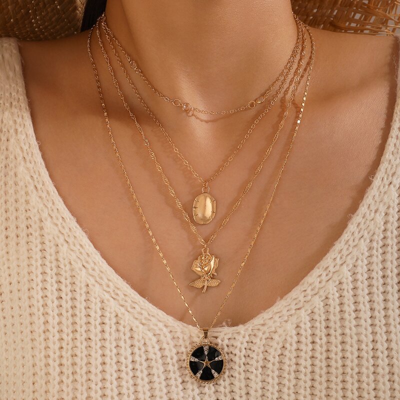 

Flower Charm Layered Necklace, Gold
