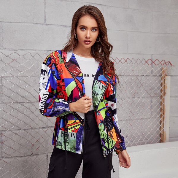 

Graphic Print Drawstring Waist Jacket, Multicolor