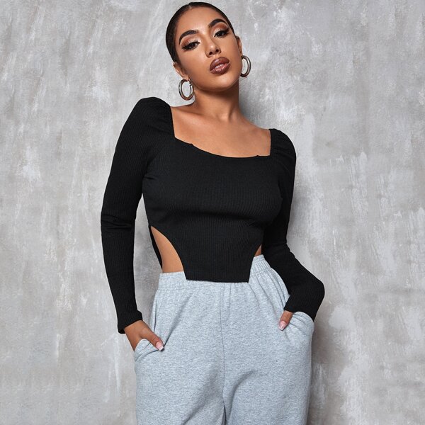 

Square Neck Asymmetrical Hem Rib-knit Tee, Black