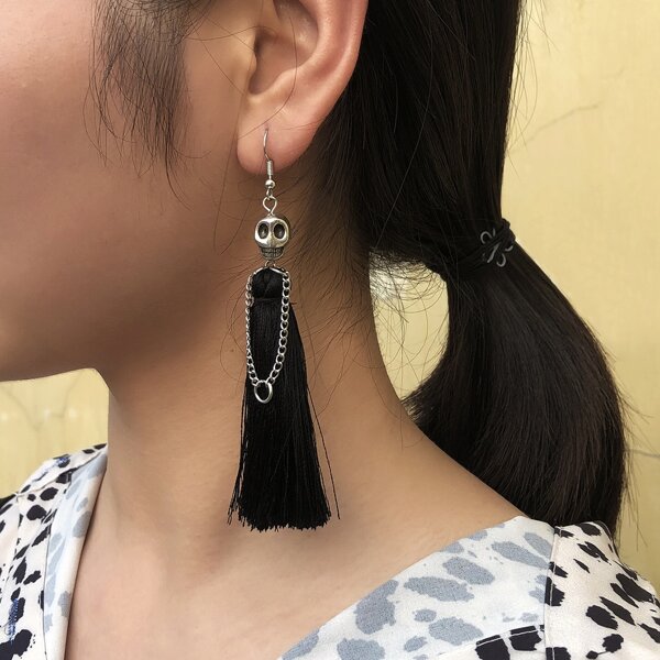 

Halloween Skull Decor Tassel Drop Earrings, Black