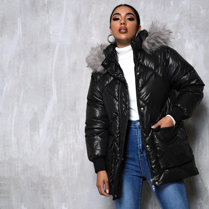 

Fuzzy Hooded Puffer Coat, Black