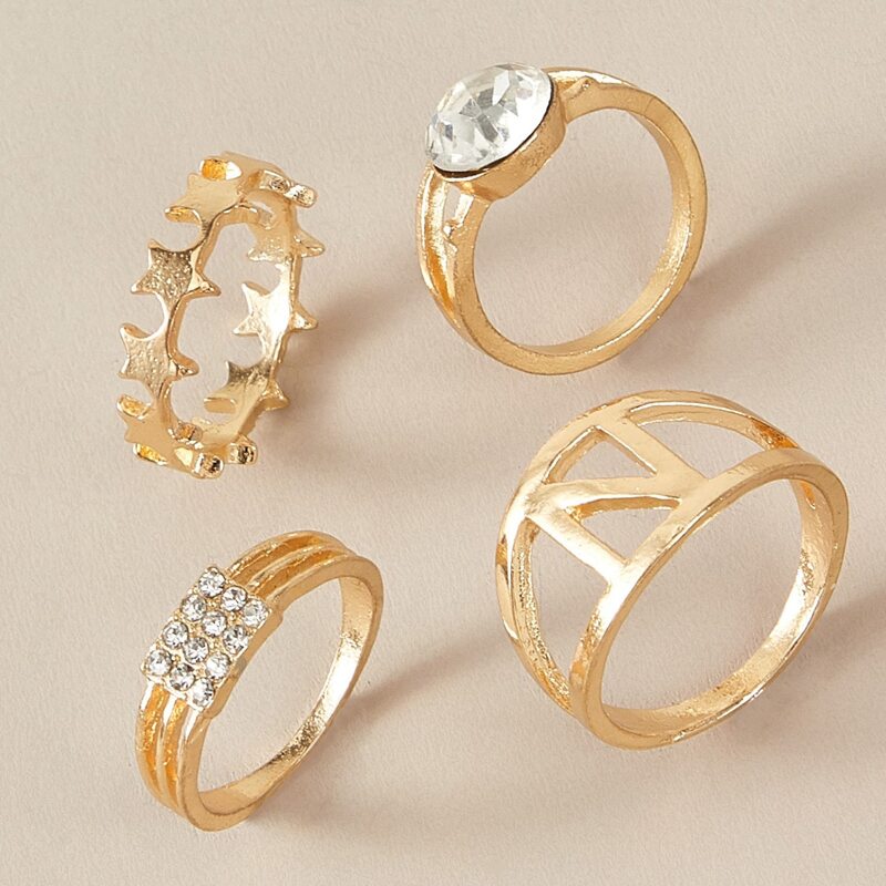

4pcs Rhinestone Star Ring, Gold