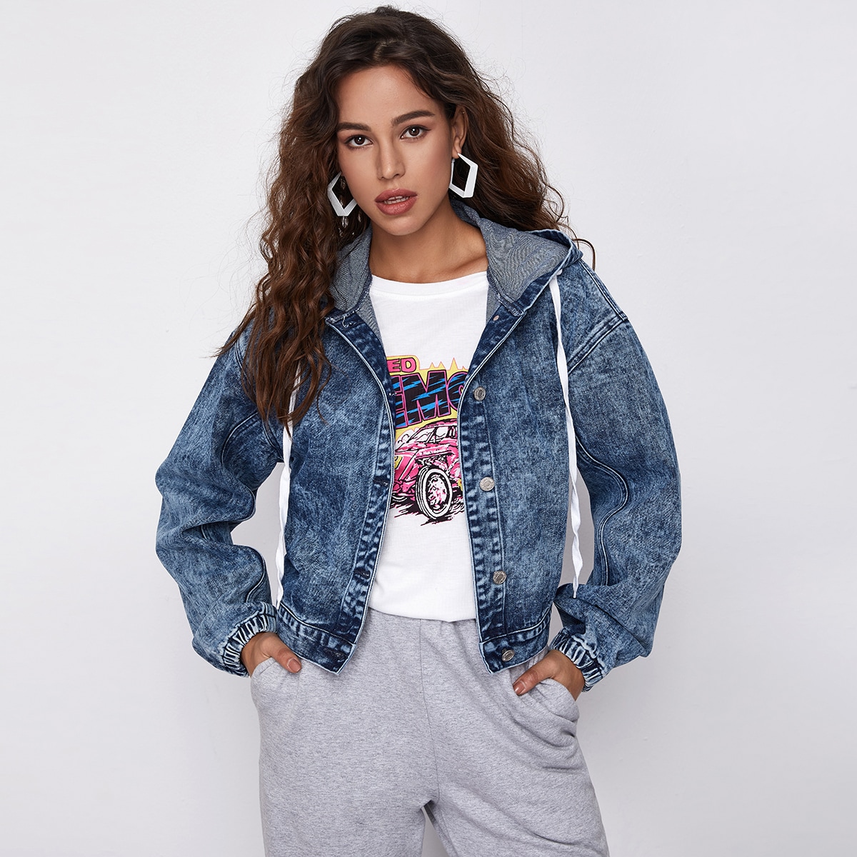 Image of Button Front Drawstring Hooded Denim Jacket