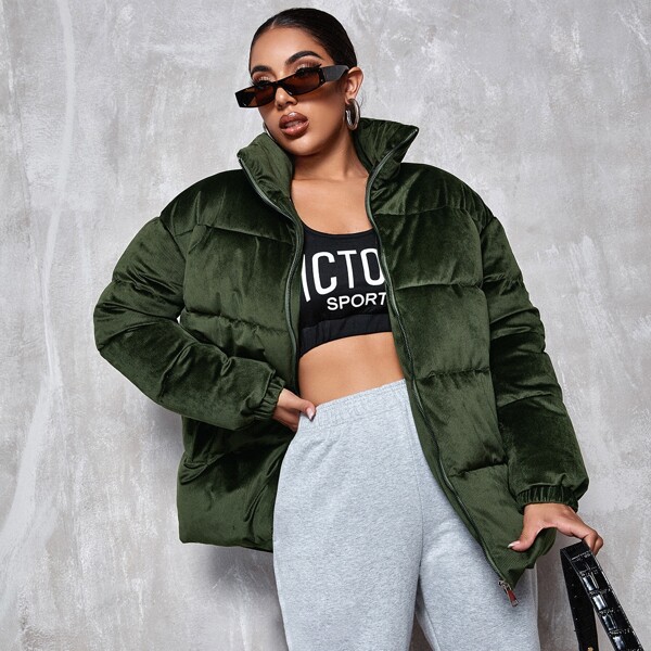 

Zip Up Funnel Neck Corduroy Puffer Coat, Army green